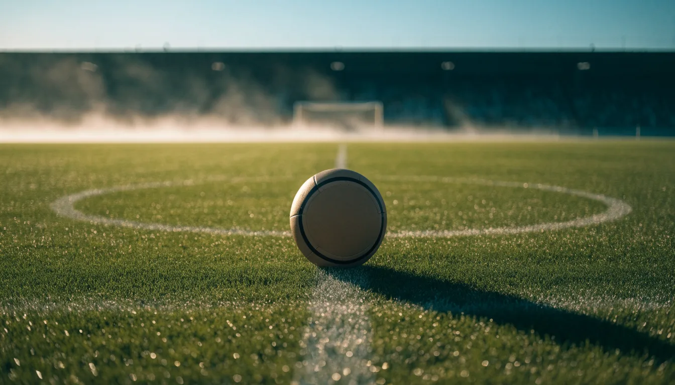 Ein einzelner Fussball liegt auf dem Anstosspunkt eines leeren Rasenplatzes am frühen Morgen, Tau glitzert auf dem Gras, die Tribüne liegt im Dunst.