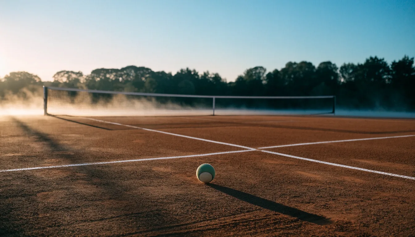 Ein Tennisplatz bei Sonnenaufgang, die Linien frisch gezogen, das Netz in der Mitte und Nebel über dem Boden.