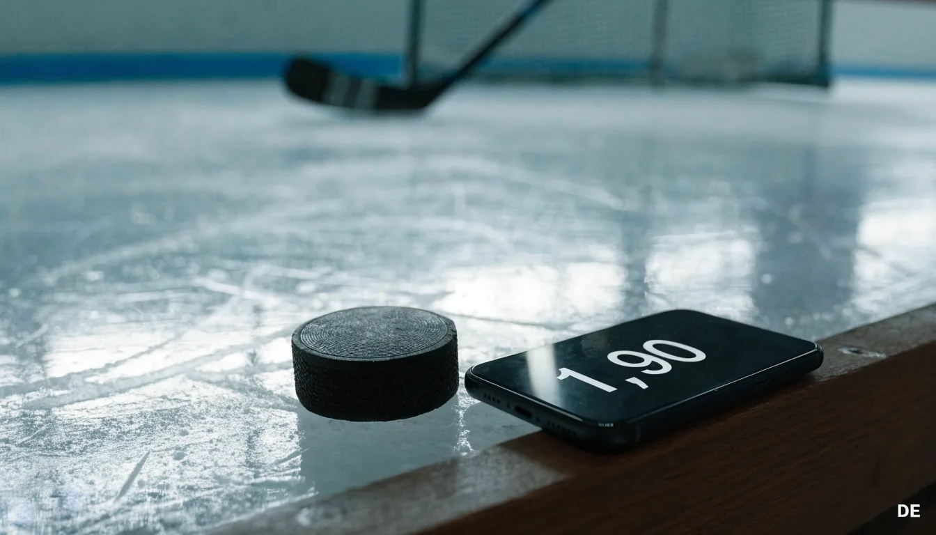 Ein Eishockeypuck liegt auf dem Eis, im Hintergrund unscharf die Bande unter hellem Hallenlicht.