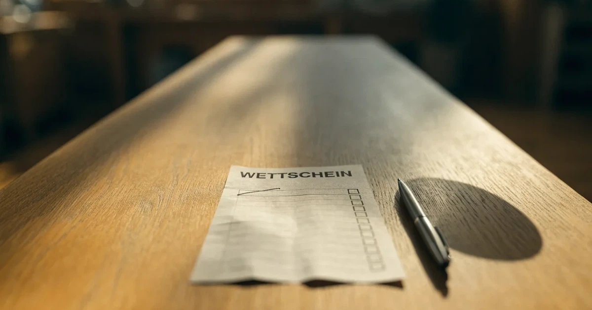Ein leerer Wettschein aus Papier liegt neben einem Kugelschreiber auf einem Holztisch, weiches Licht fällt von der Seite.