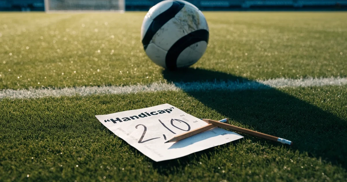 Ein Fussball und ein Massband liegen auf kurz geschnittenem Rasen neben einer Kreidelinie, Morgenlicht von der Seite.