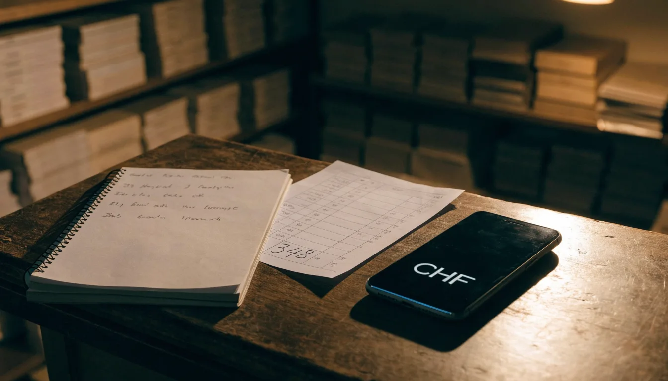 Ein alter Holztresen mit einem Notizbuch und einem Taschenrechner in warmem Lampenlicht, Regale im Hintergrund.