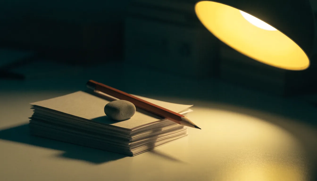 Ein Bleistift und ein Radiergummi liegen auf einem kleinen Stapel Notizzettel, gelbes Licht einer Schreibtischlampe.