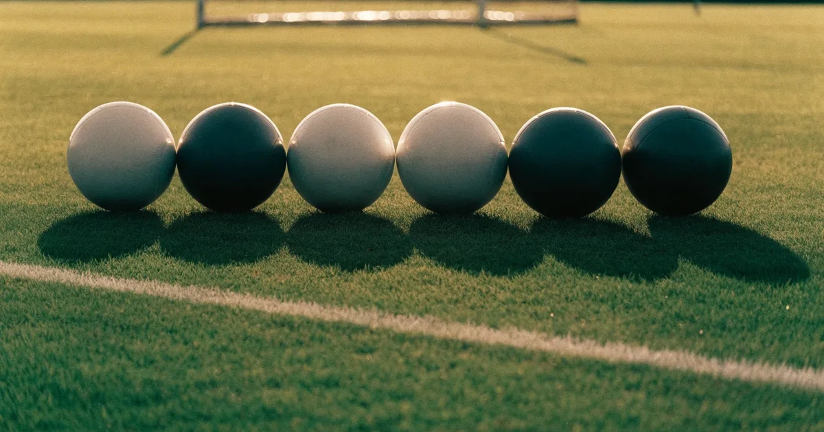 Sechs Fussbälle liegen in zwei Reihen auf einem Rasen, das flache Abendlicht zieht lange Schatten über das Gras.