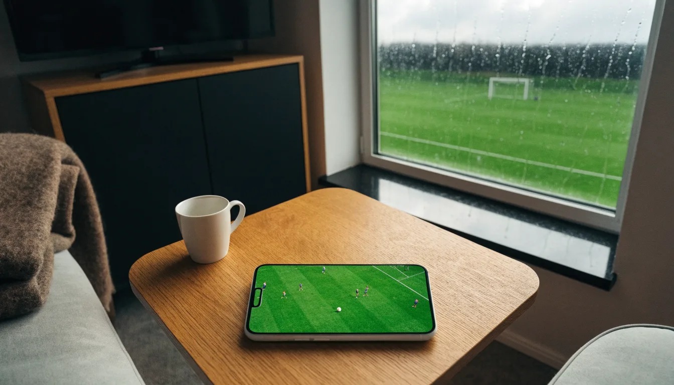 Ein Sofa mit Wolldecke steht vor einem grossen Fenster, draussen Regen und in der Ferne ein Fussballplatz.