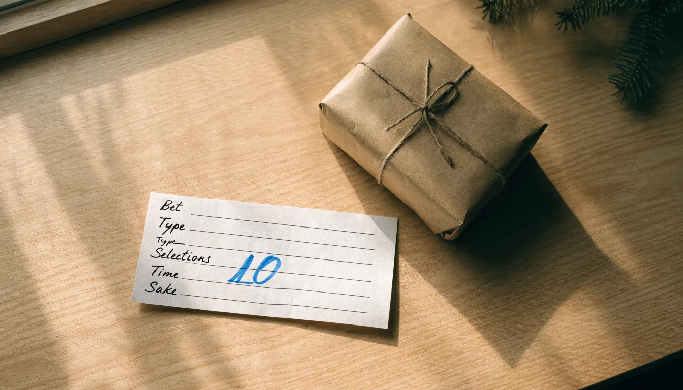Ein kleines Päckchen in Packpapier mit Schnur liegt auf einem Holztisch, daneben ein Tannenzweig.