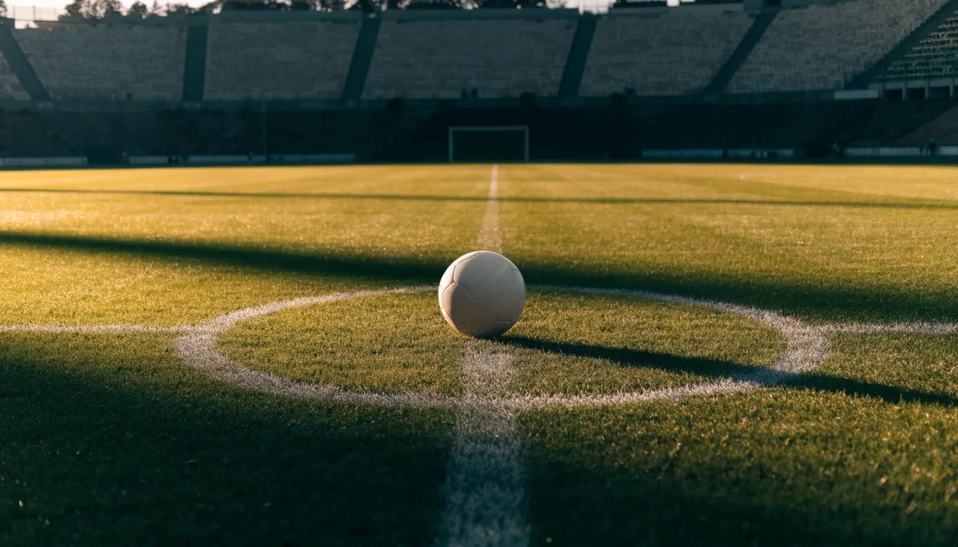 Ein Fussball liegt auf dem Anstosspunkt eines leeren Rasenplatzes im frühen Morgenlicht, dahinter erhebt sich eine menschenleere Tribüne.