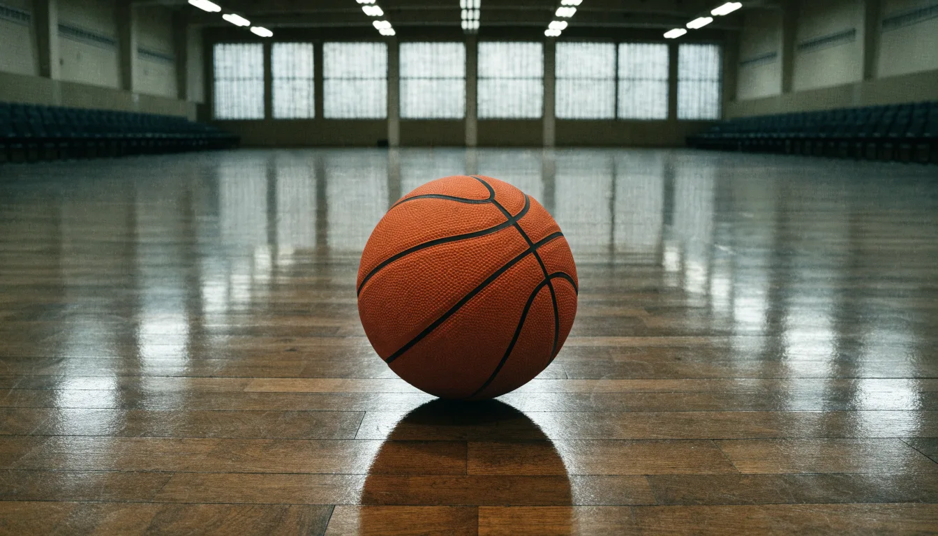 Ein Basketball liegt auf dem Parkett einer leeren Halle, von den Deckenlampen fällt gleichmässiges Licht auf den Boden.