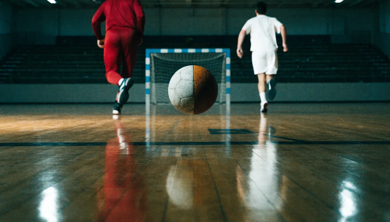Ein Handballtor in einer leeren Sporthalle, der Ball liegt im Torraum und das Hallenlicht spiegelt sich im Parkett.