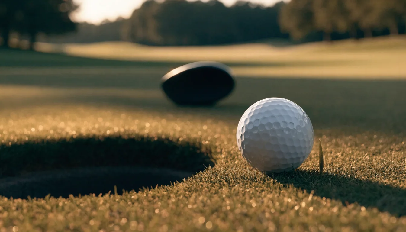 Ein Golfball liegt auf einem gepflegten Grün nahe am Loch, im goldenen Licht der Abendsonne.