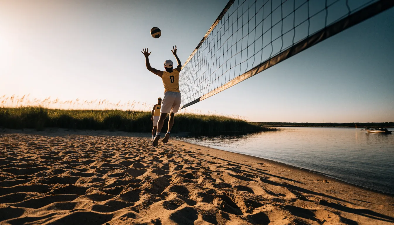Ein Volleyball liegt im Sand eines Spielfelds am Seeufer, im Hintergrund gleitet ein Boot über das Wasser.