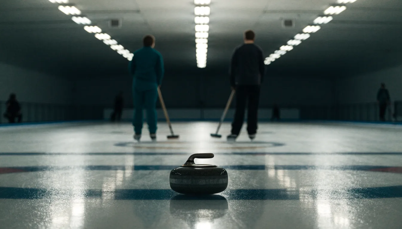 Mehrere Curlingsteine liegen auf einer glatten Eisfläche in einer leeren Halle, Deckenlicht spiegelt sich im Eis.