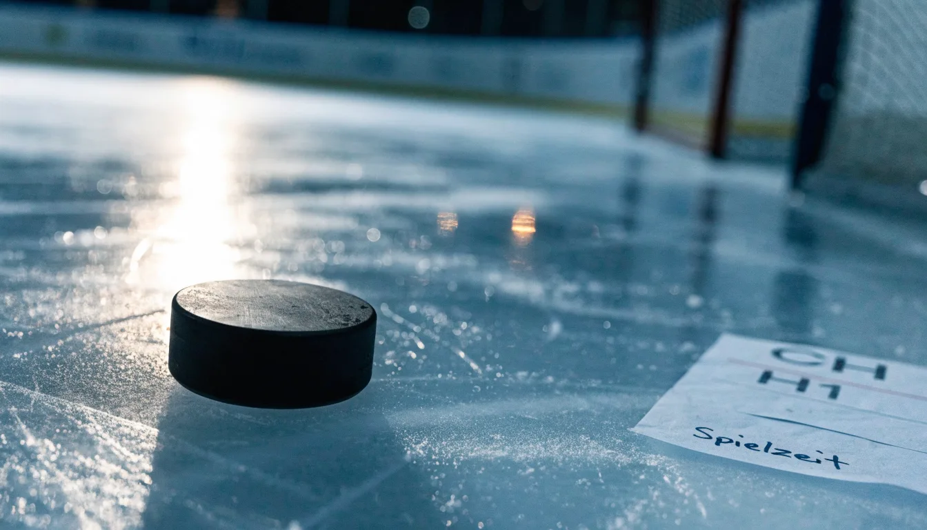 Ein Eishockeypuck liegt in Grossaufnahme auf der Eisfläche, feine Kratzer im Eis glänzen im hellen Hallenlicht.