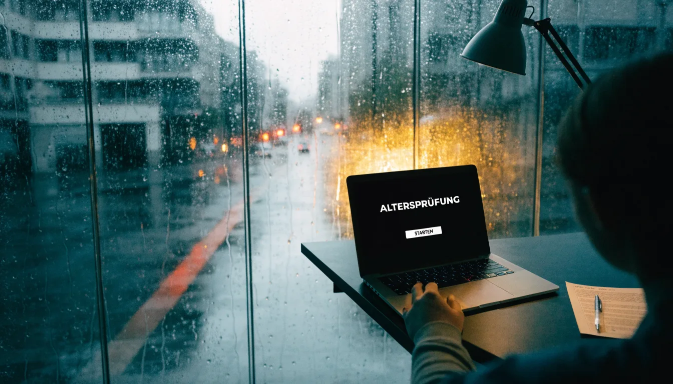 Eine Fassade aus Glas und Stahl am Eingang eines Bürogebäudes im Regen, auf dem nassen Boden spiegelt sich das Licht.