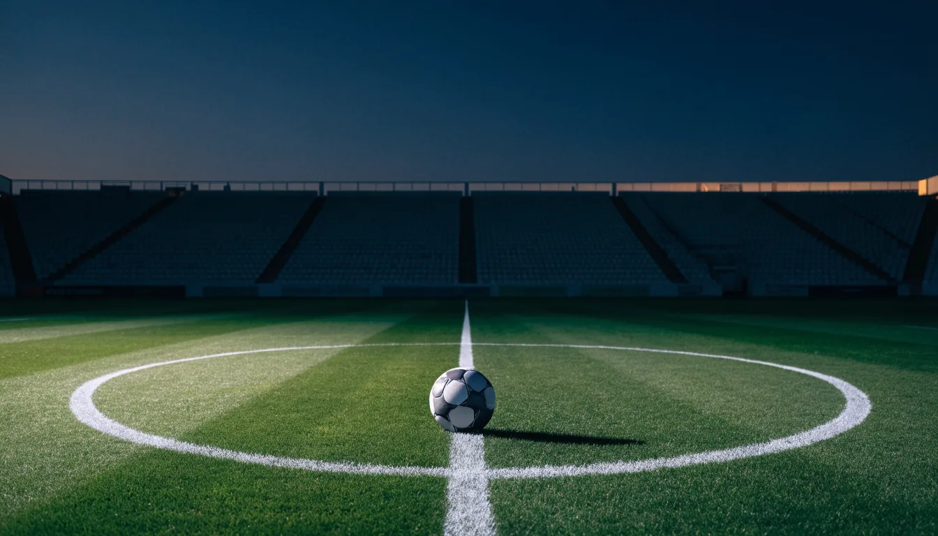 Ein Fussball liegt auf dem Mittelkreis eines leeren Rasenplatzes, dahinter ragen leere Tribünenreihen in den Abendhimmel.