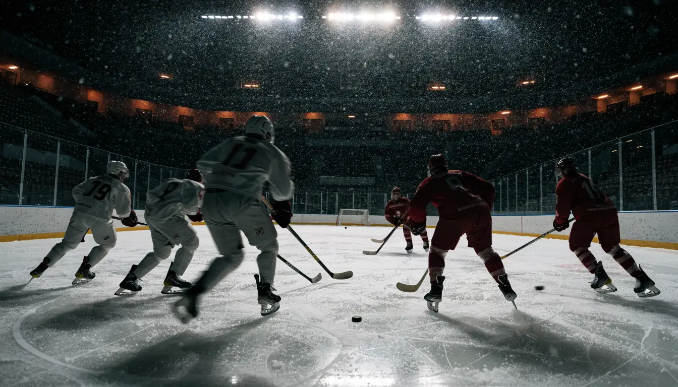 Eine Eishockeybahn liegt unter Flutlicht aus der Ferne betrachtet, leichter Schneefall treibt durch den Lichtkegel über dem Eis.