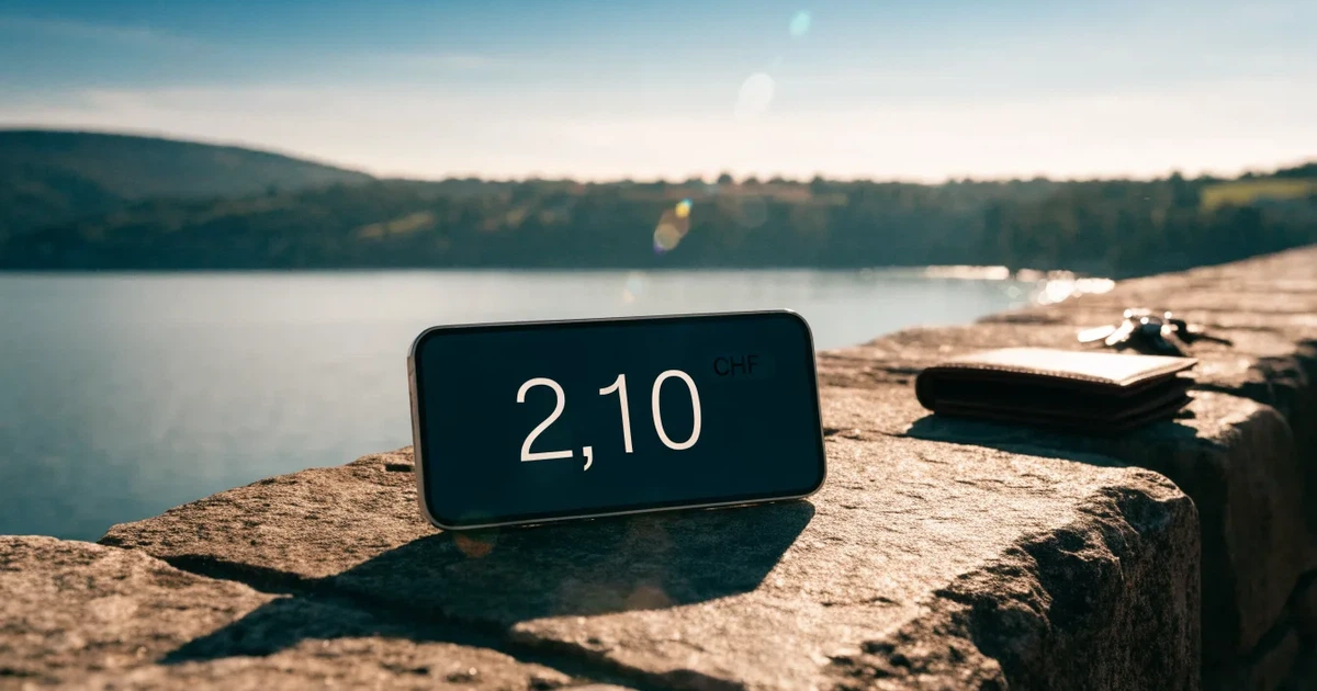 Eine Lederbörse und ein Schlüsselbund liegen auf der Steinbrüstung einer Seepromenade, dahinter glitzert der See im späten Nachmittagslicht.