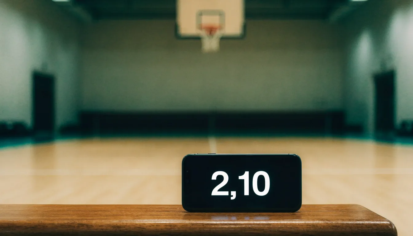 Ein Basketballkorb hängt in einer leeren Halle über einem Holzparkett, von der Decke fällt gleichmässiges Licht auf den Boden.