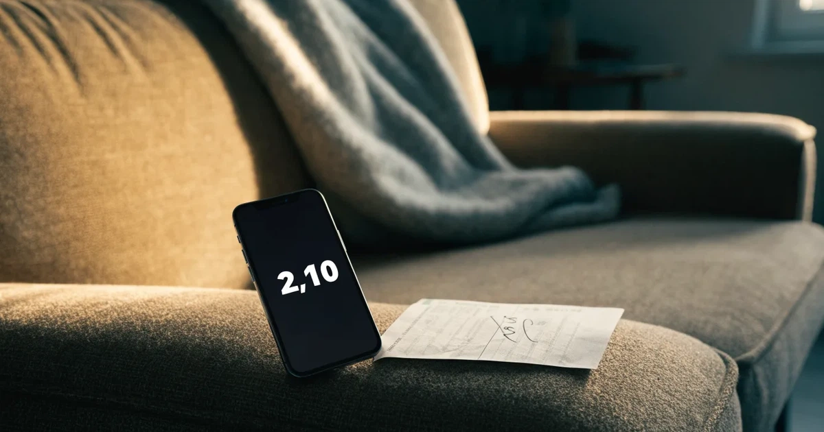 Ein Smartphone mit dunklem Display liegt auf der Lehne eines Sofas neben einer Wolldecke, warmes Abendlicht fällt ins Zimmer.
