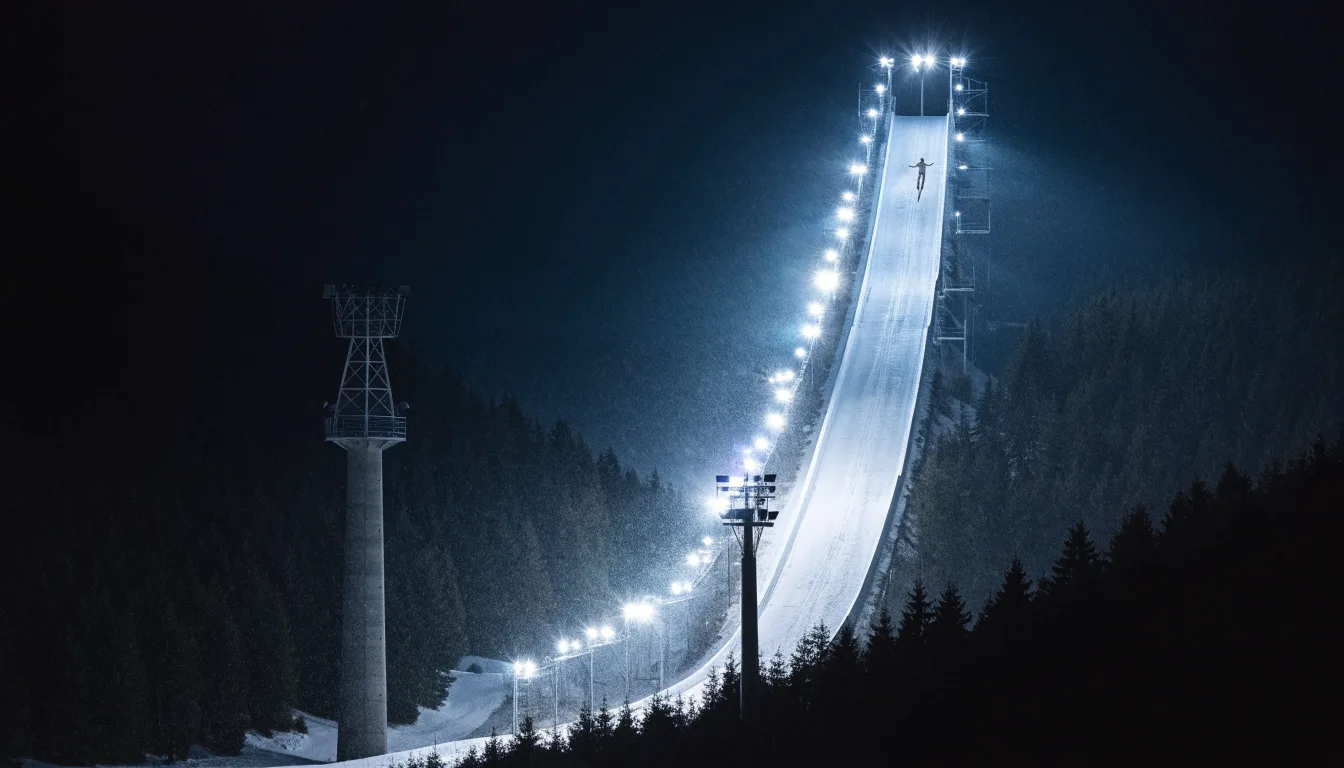 Eine Skisprungschanze steht am Abend im Flutlicht, aus der Ferne betrachtet, umgeben von dunklem Tannenwald und leichtem Schnee.