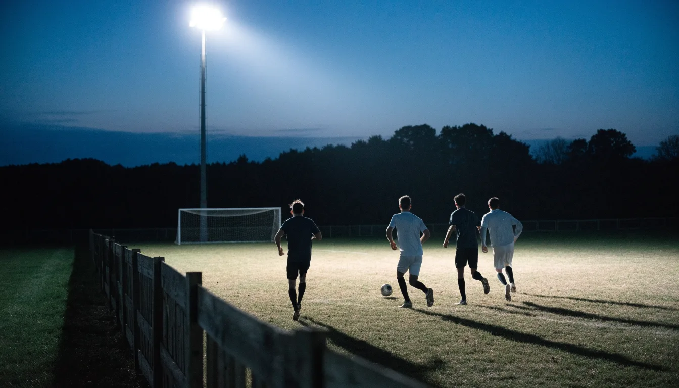 Ein kleiner Dorf-Fussballplatz liegt in der Dämmerung unter einem hohen Flutlichtmast, am Spielfeldrand steht ein Holzzaun.