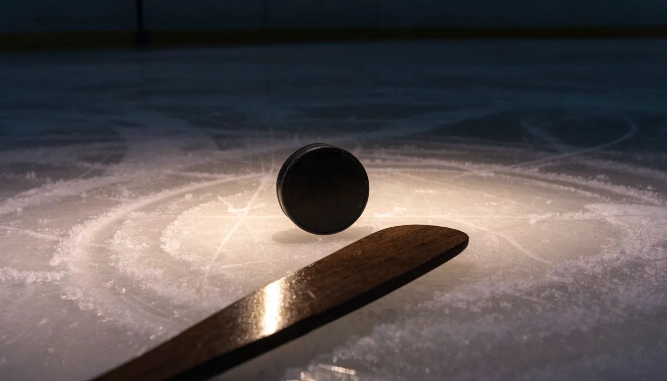 Ein Eishockeypuck liegt auf der Eisfläche neben dem Blatt eines Schlägers, die Bande dahinter ist im Dunkeln nur schwach zu erkennen.