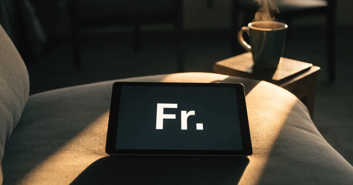 Ein Tablet mit schwarzem Display liegt auf einem Sofakissen, daneben ein Becher mit Tee, vom Fenster her fällt Abendlicht.
