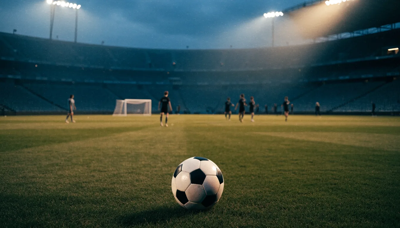 Leere Tribünenränge eines Fussballstadions in der Abenddämmerung, über dem Rasen leuchten die Flutlichter.