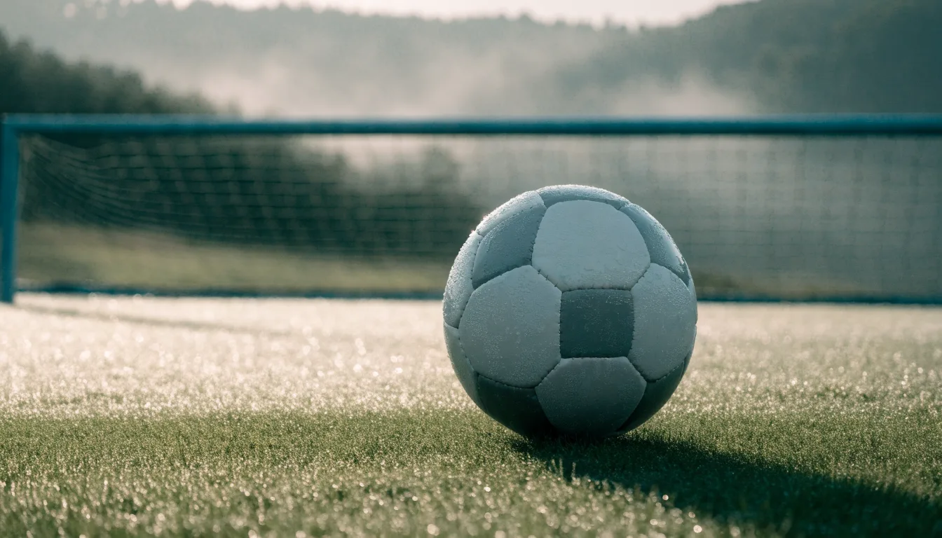 Ein Fussball liegt am frühen Morgen auf dem Anstosspunkt eines taunassen Rasens, im Hintergrund erheben sich Hügel im Dunst.