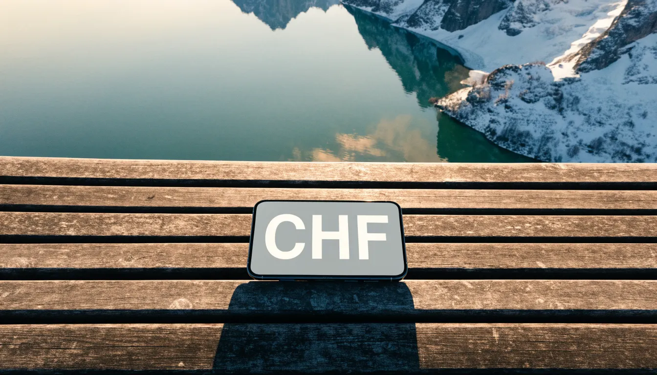 Eine Bank an einem Bergsee, dahinter schneebedeckte Gipfel im klaren Licht eines Wintermorgens.