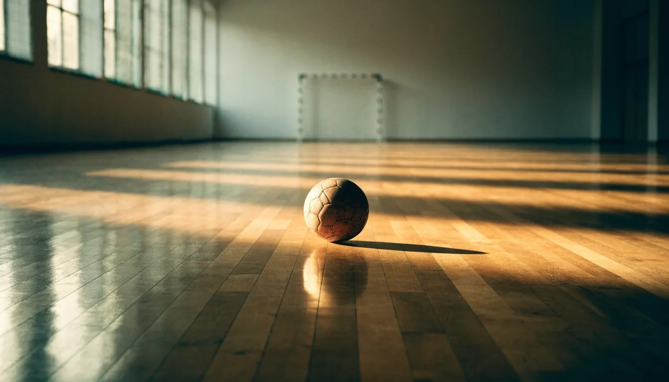 Der Boden einer Sporthalle aus poliertem Parkett mit einem einzelnen Handball in der Mitte, Licht fällt durch hohe Fenster.