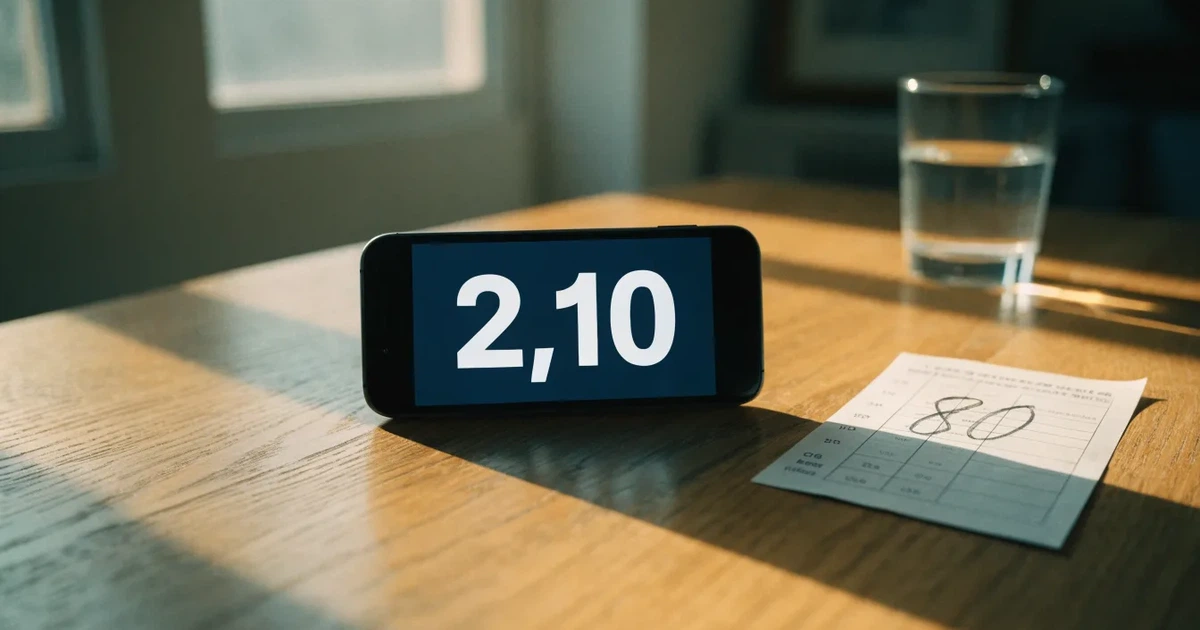 Ein Smartphone liegt mit dem Display nach unten auf einem Holztisch neben einem Wasserglas.