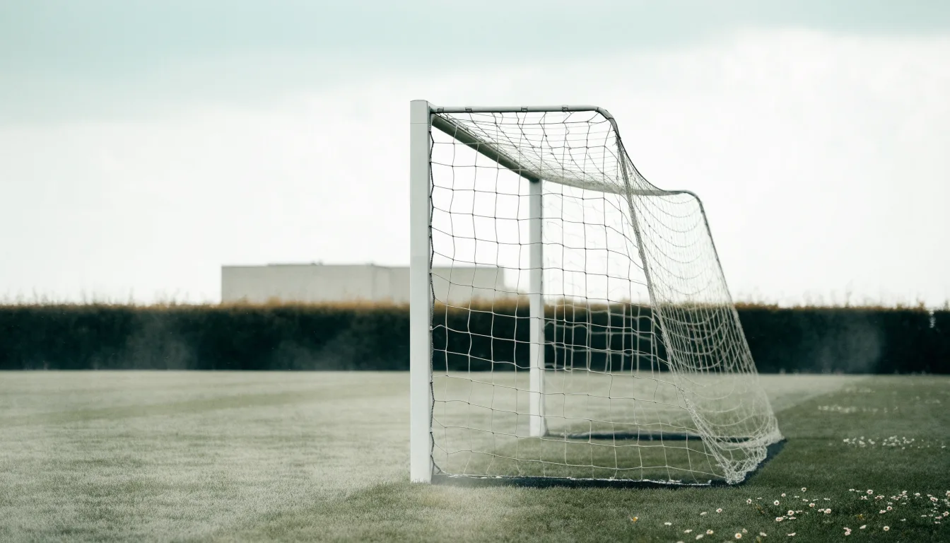 Ein Fussballtor mit locker hängendem Netz auf einem Trainingsplatz, das sich leicht im Wind bewegt.