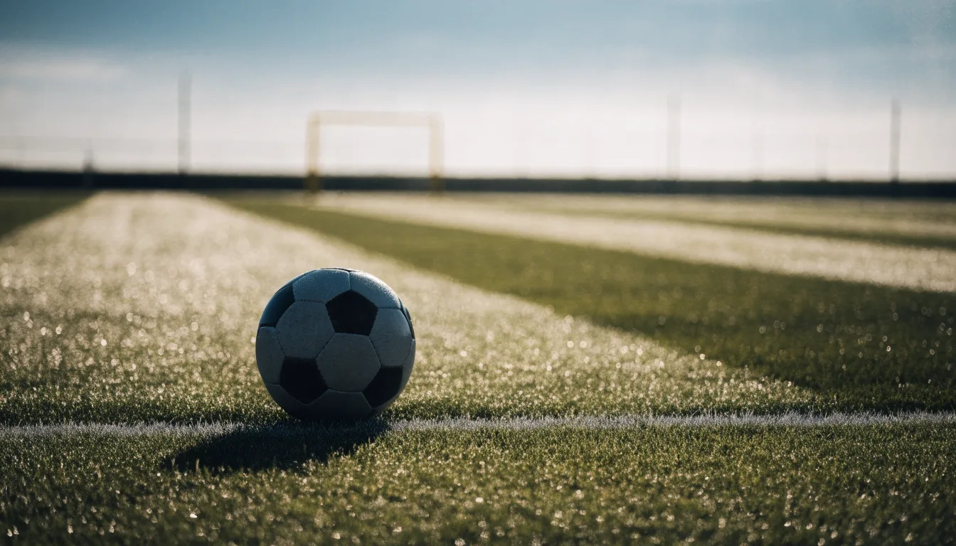 Ein Fussball ruht an der Seitenlinie im taufeuchten Gras, die ersten Sonnenstrahlen fallen schräg über den Platz.