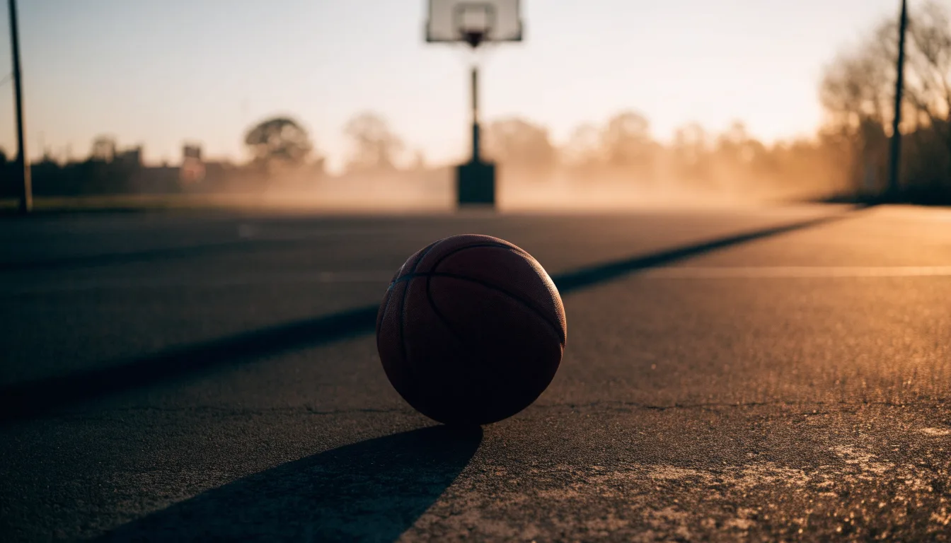 Ein Basketball liegt bei Sonnenuntergang auf einem leeren Aussenplatz, lange Schatten fallen über den Boden.