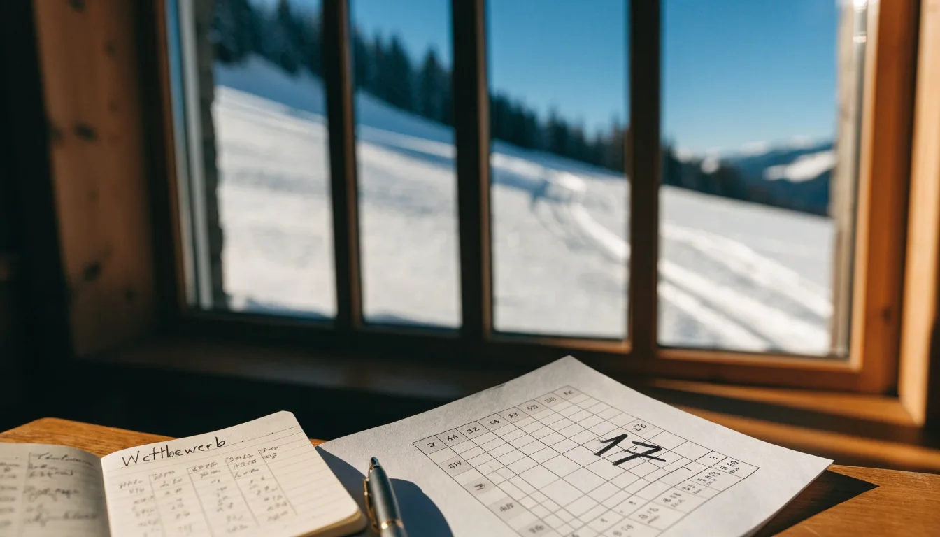 Skispuren im frischen Schnee an einem sonnigen Hang vor blauem Himmel.