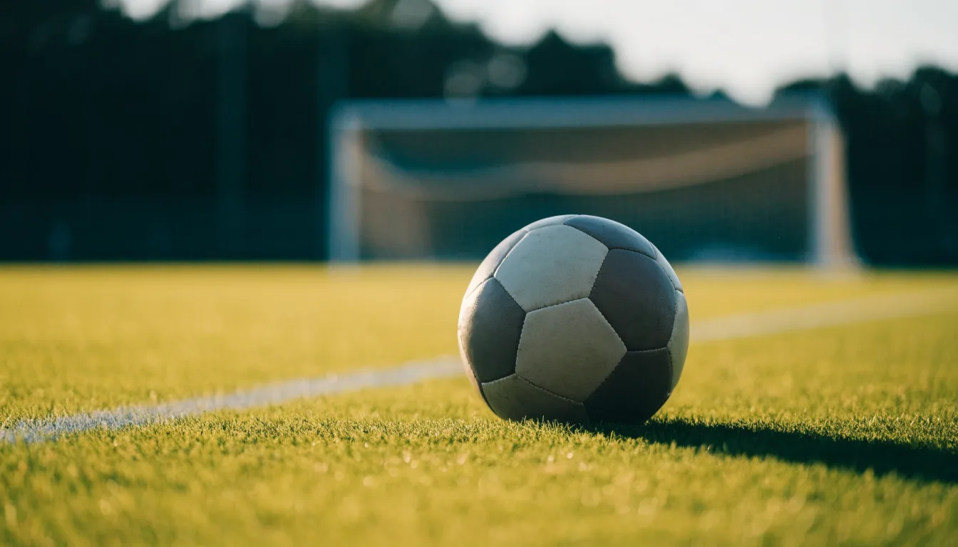 Ein Fussball auf dem Rasen aus niedriger Perspektive aufgenommen, die Torpfosten verschwimmen im Hintergrund.