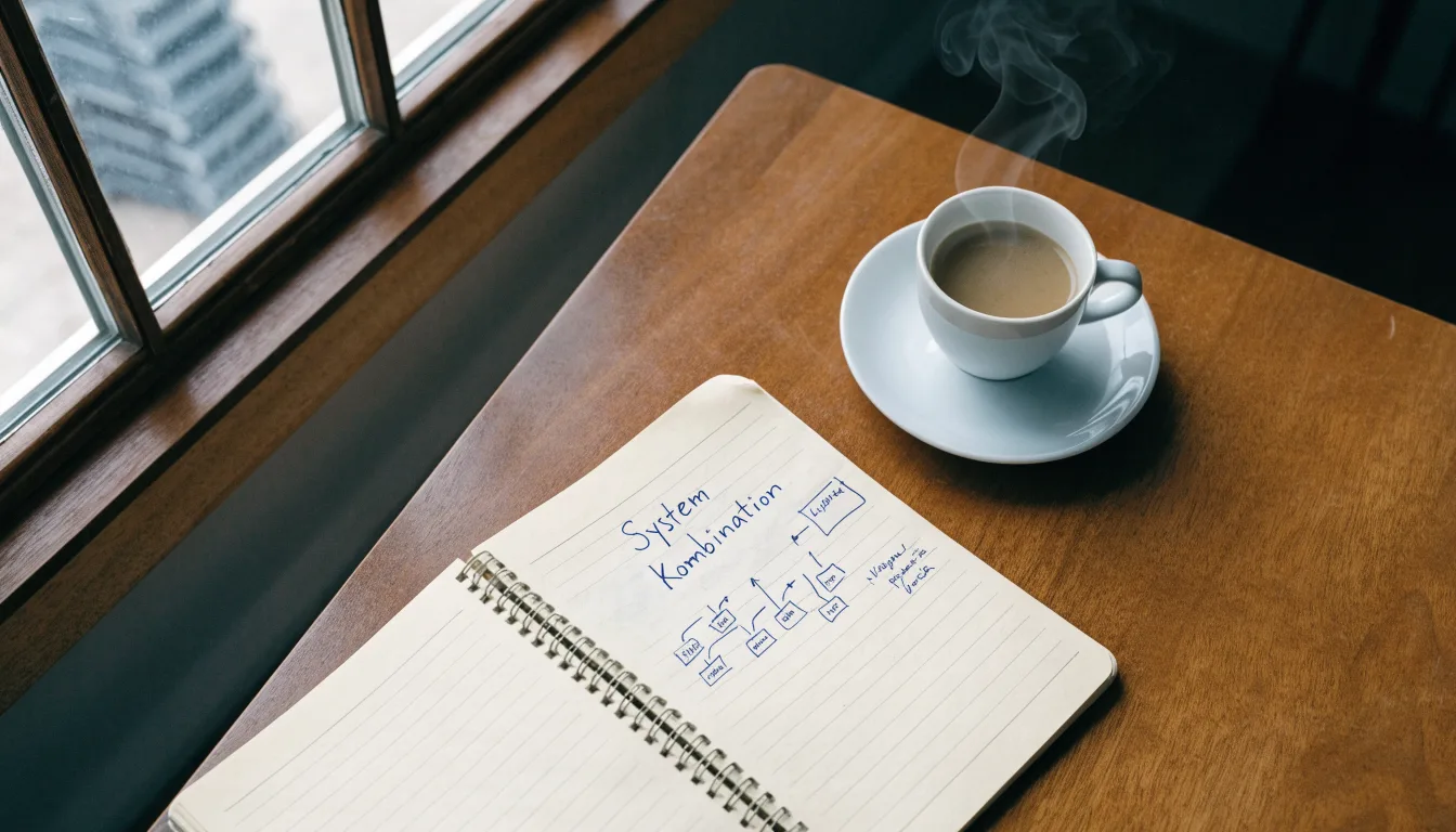 Ein aufgeschlagenes Notizbuch mit handschriftlichen Pfeilen und Kästchen liegt neben einer Kaffeetasse auf einem Schreibtisch am Fenster.