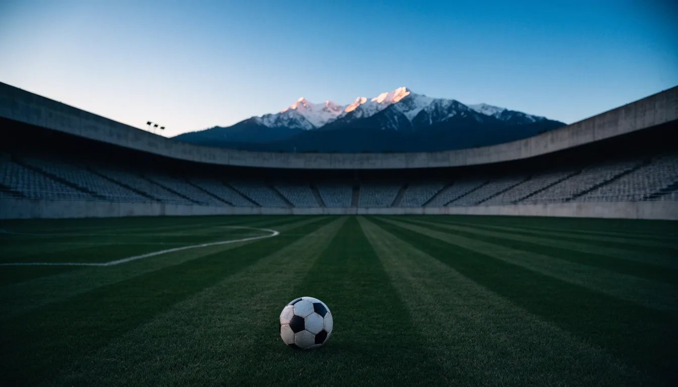 Ein Fussball liegt auf dem Rasen eines leeren Stadions am frühen Abend, dahinter erheben sich schneebedeckte Berge unter klarem Himmel.