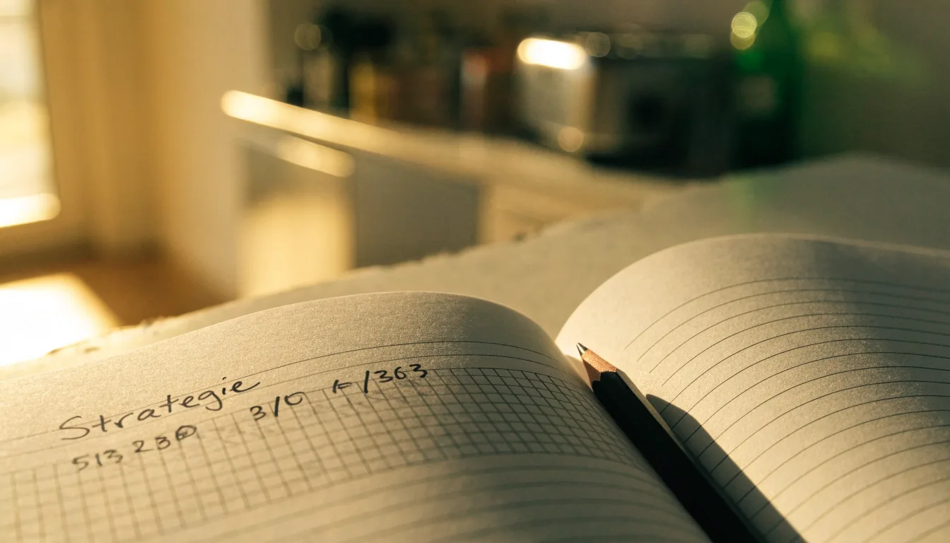 Ein leeres kariertes Heft und ein Bleistift liegen auf einem Küchentisch im warmen Licht des späten Nachmittags.