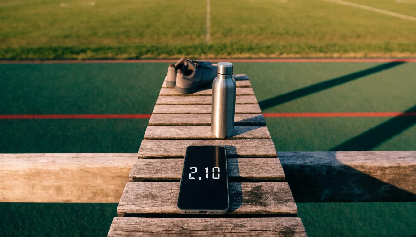 Ein Smartphone mit dunklem Bildschirm lehnt an einer Wasserflasche, daneben stehen Laufschuhe auf einer Bank am Sportplatz.