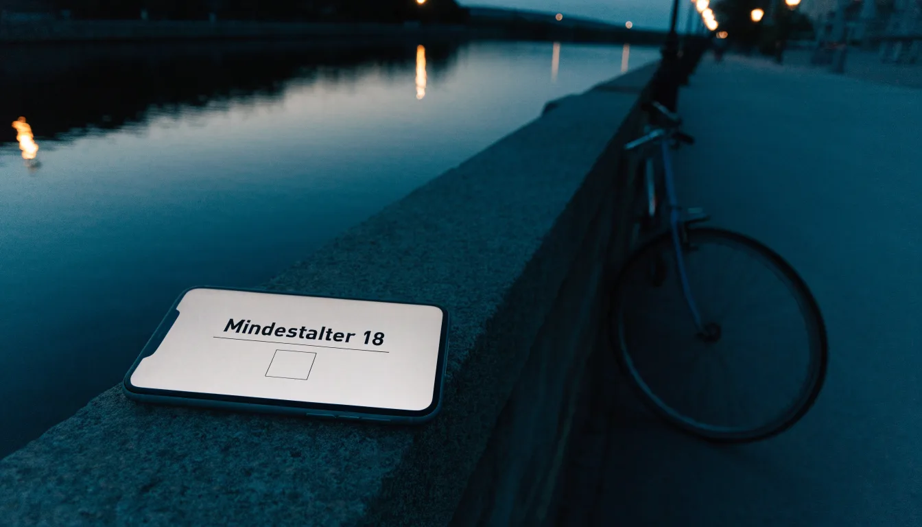 Ein Velo lehnt an einer Steinmauer am Ufer eines Flusses, die Strassenlaternen leuchten in der Dämmerung.