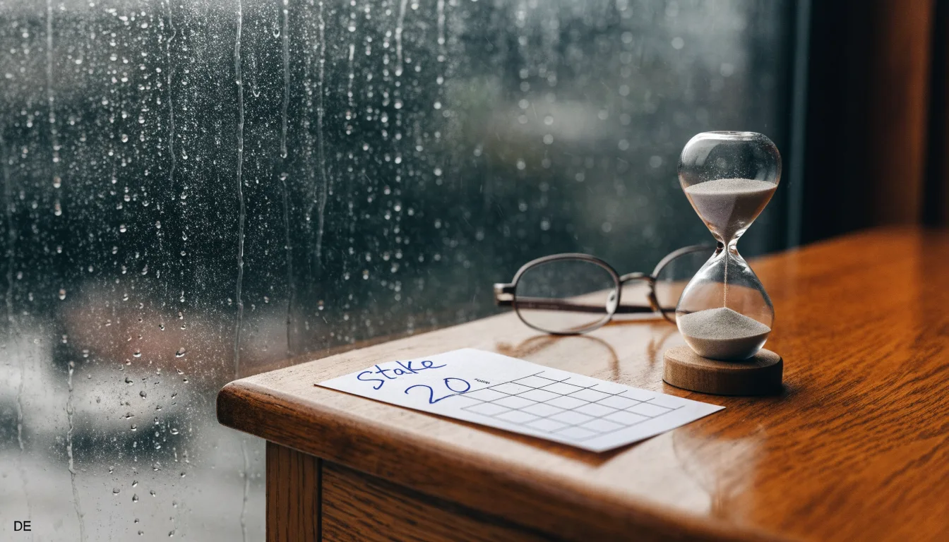 Eine Sanduhr steht auf einem Holztisch neben einer Brille, hinter dem Fenster laufen Regentropfen über das Glas.