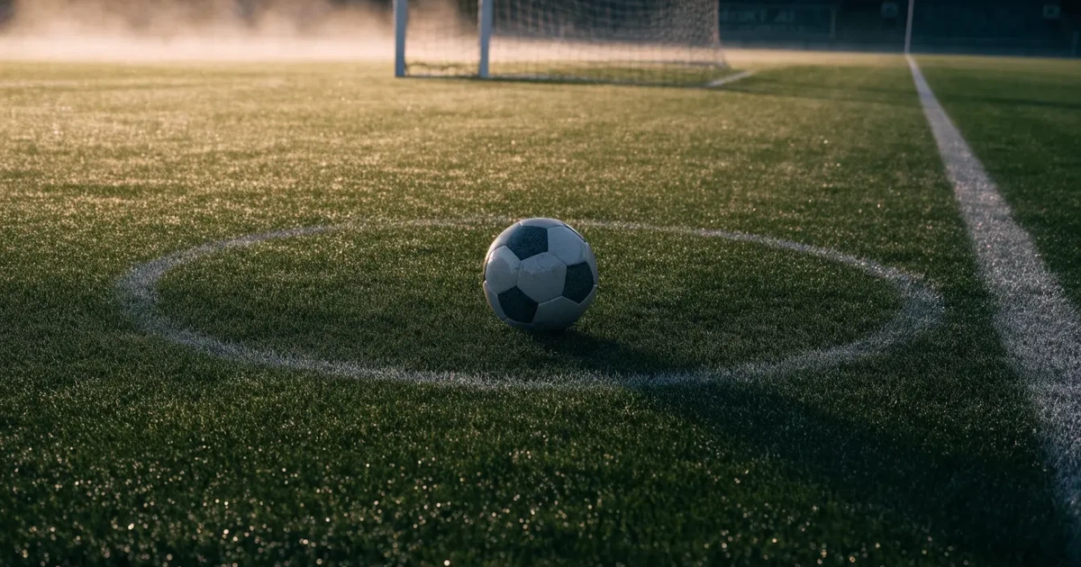 Ein Fussballplatz im Morgennebel, im Mittelkreis liegt ein einzelner Ball und der Rasen glänzt vom Tau.