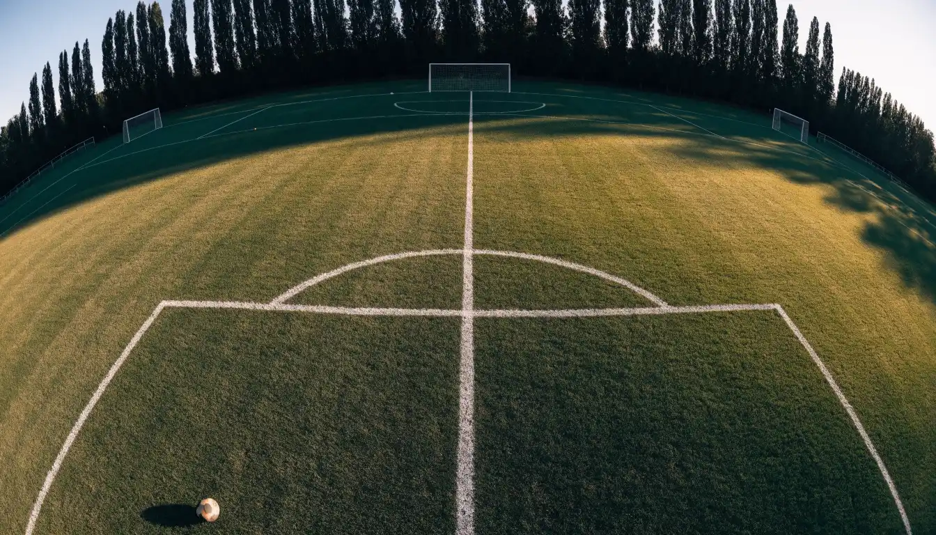 Ein leerer Fussballplatz mit weissen Linien von oben gesehen im Morgenlicht, am Rand stehen zwei Tore und eine Reihe Pappeln.