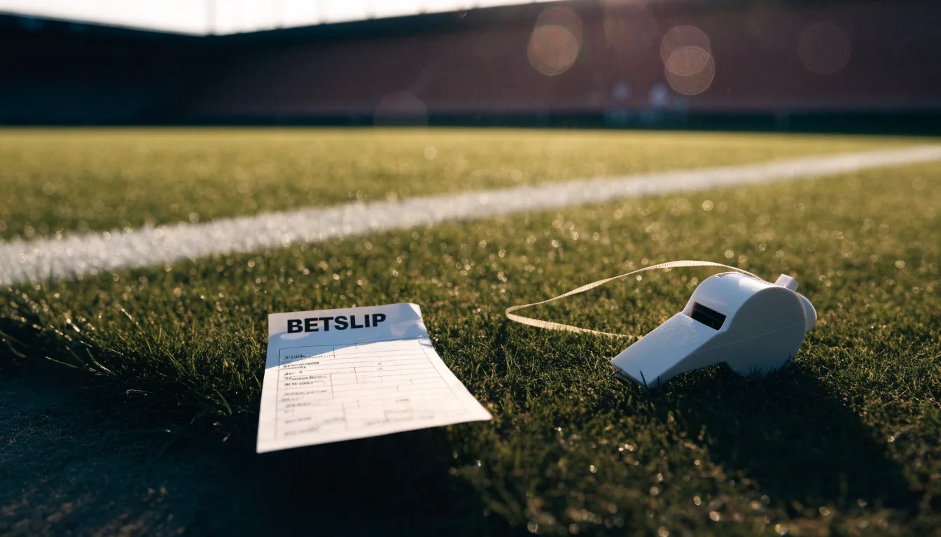 Eine Stoppuhr liegt neben einer Trillerpfeife auf einem Stück Rasen an der Seitenlinie eines Fussballfelds im Gegenlicht.