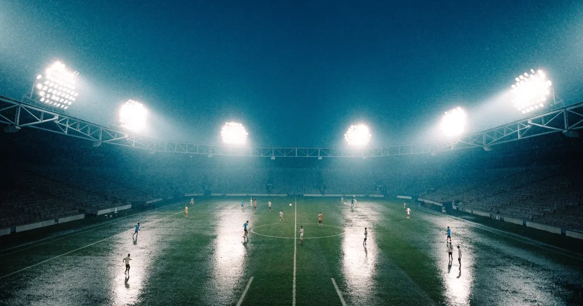 Ein Fussballspiel am Abend aus der Tribünenperspektive, die Spieler sind nur als kleine Figuren zu erkennen und das Flutlicht beleuchtet den nassen Rasen.