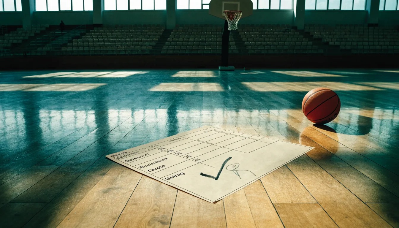 Ein Basketball liegt unter dem Korb in einer leeren Sporthalle, durch hohe Fenster fällt Tageslicht auf das Parkett.
