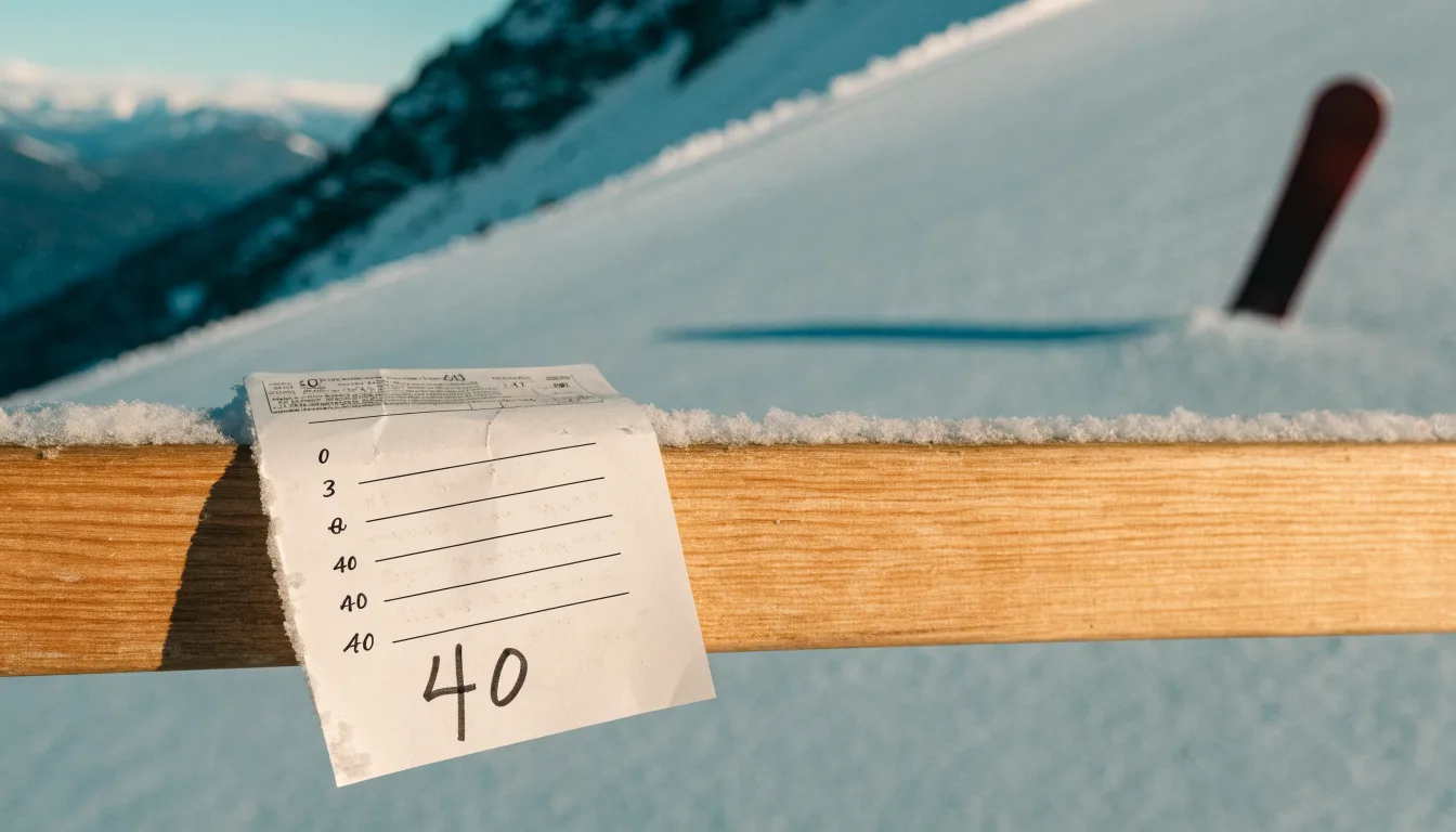 Ein Snowboard steckt aufrecht im Schnee am Rand einer Piste, dahinter spannt sich klarer Himmel über verschneiten Gipfeln.