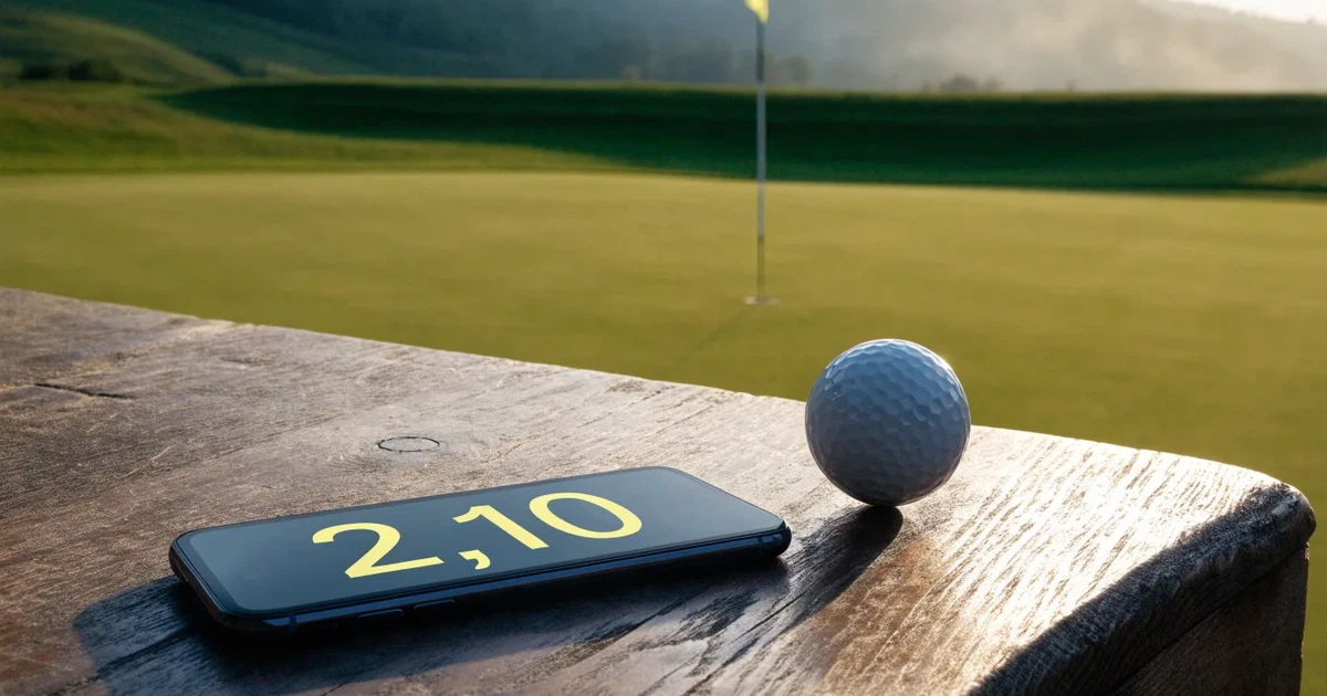 Ein Golfball liegt auf dem Grün nahe beim Loch, dahinter erstrecken sich sanfte Hügel im Nebel.